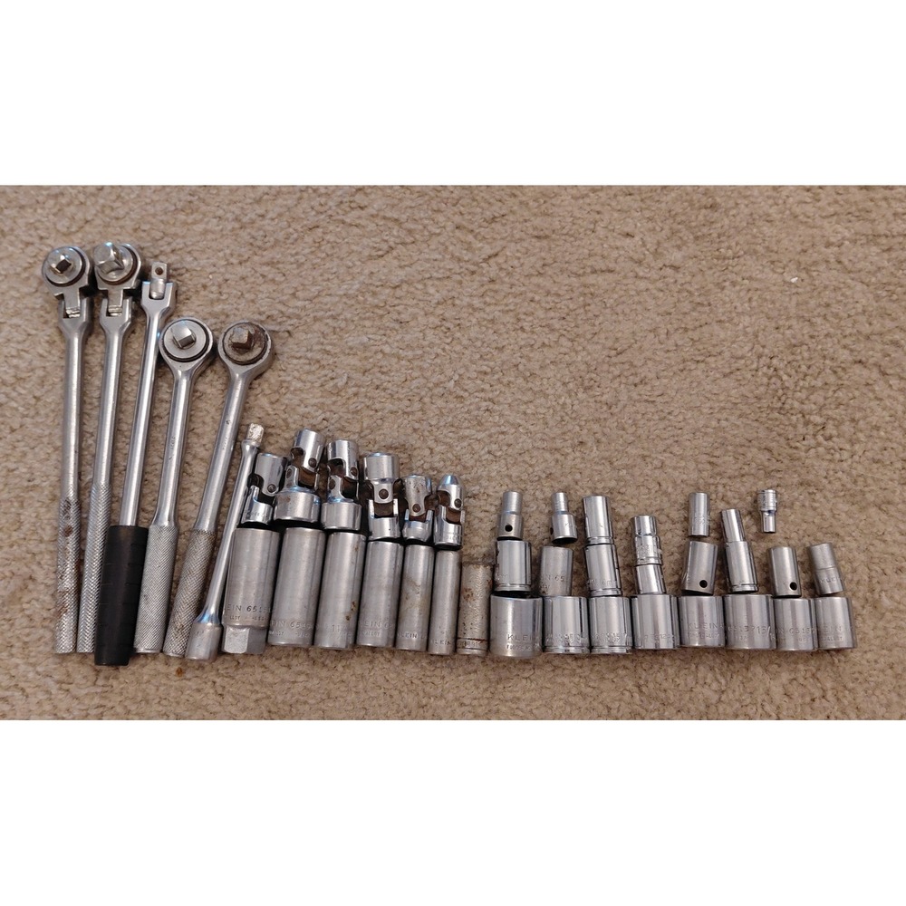 Klein Tools Ratchet Socket Set Lot Flex Head Breaker Bar Universal Joints Chrome